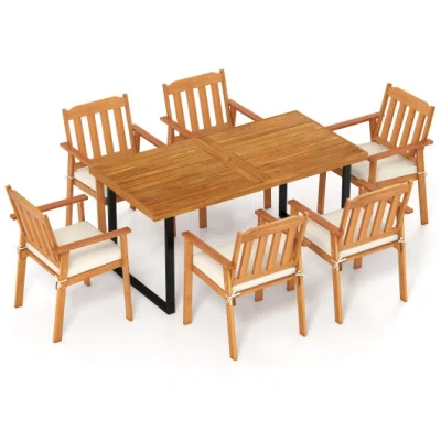 Costway 7 Pieces Patio Dining Table Set 63" Rectangle Table And 6 Acacia Wood Armchairs In Multi