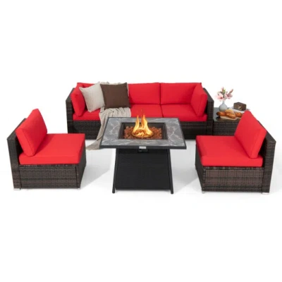 Costway 7 Pieces Patio Furniture Set With 35 Inches 50000 Btu Propane Gas Fire Pit Table And Waterproof Cove In Red