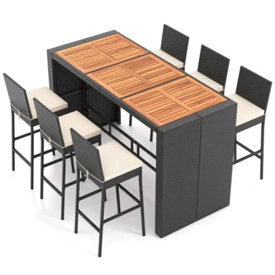 Costway 7 Pieces Patio Rattan Bar Set With Seat Cushions For Porch Yard Garden In Black