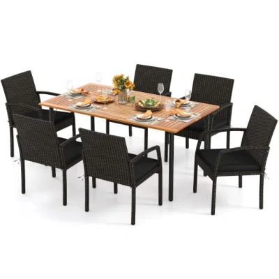 Costway 7 Pieces Patio Rattan Cushioned Dining Set With Umbrella Hole-black