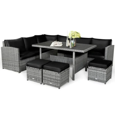 Costway 7 Pieces Patio Rattan Dining Furniture Sectional Sofa Set With Wicker Ottoman-black In Gray