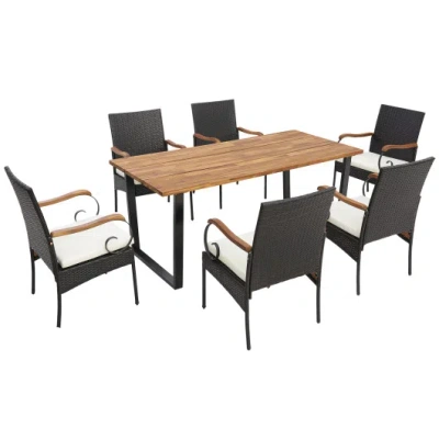 Costway 7 Pieces Patio Rattan Dining Set With 2 Inches Umbrella Hole-curved Handrail