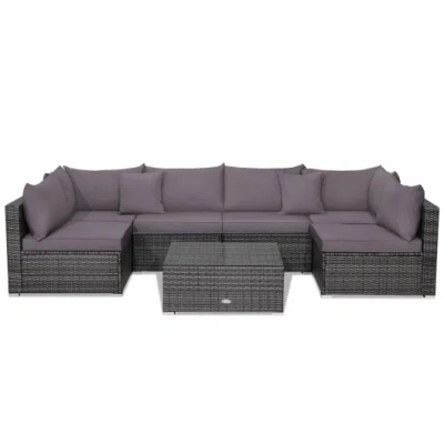 Costway 7 Pieces Patio Rattan Furniture Set Sectional Sofa Garden Cushion-gray In Multi