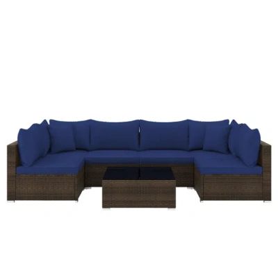 Costway 7 Pieces Patio Rattan Furniture Set With Sectional Sofa Cushions-navy In Blue