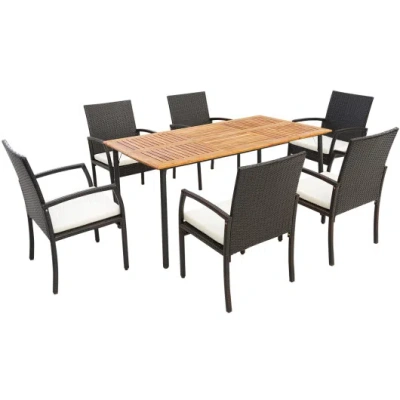 Costway 7 Pieces Patio Wicker Cushioned Dining Set With Umbrella Hole In Brown
