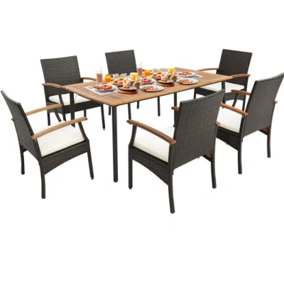 Costway 7 Pieces Patio Wicker Cushioned Dining Set With Wood Armrest And Umbrella Hole In Brown
