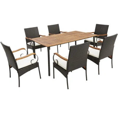 Costway 7 Pieces Patio Wicker Dining Set With Detachable Cushion And Umbrella Hole In Brown