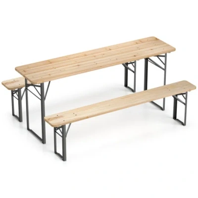 Costway 70 Inch 3-piece Folding Picnic Table With Benches For 6 Fir Wood Portable Bear Camping Table-black In Brown