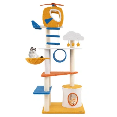 Costway 70 Inch Tall Aviation-themed Cat Tree With Helicopter Top Perch And Platforms-yellow In Multi