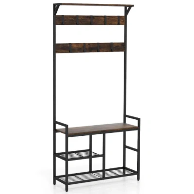 Costway 71 Inch Freestanding Hall Tree With Shoe Bench And 9 Removable Hooks-rustic Brown In Black