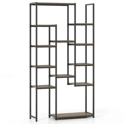 Costway 71 Inch Tall Vintage Geometric Bookshelf 12 Open Shelves-walnut In Black