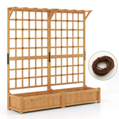 Costway 71 Inches Large Wooden Planter Container With Trellis And Hanging Roof-orange In Brown