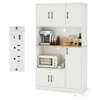 Costway 71" Tall Kitchen Pantry Cabinet With Charging Station Wooden Buffet Cupboard Sideboard-white In Gray