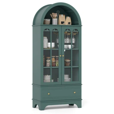 Costway 71.5 Inch Arched Cabinet 5-tier With Tempered Glass Doors And Wine Rack-green