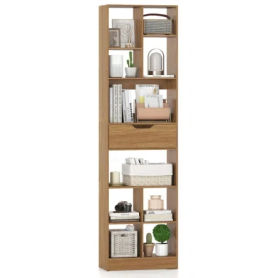 Costway 71inch Tall Freestanding Bookcase With Drawer 10-cube Storage Organizer-natural In Brown