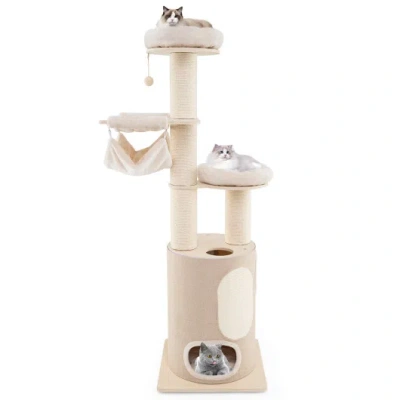 Costway 74 Inches Tall Wooden Cat Tower Tree With 2-story Cat Condo And Washable Cushions-natural In Pink