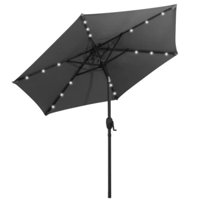 Costway 7.5 Feet Solar Powered Patio Umbrella With Led Lights And Crank Handle-gray In Black