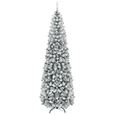 Costway 7.5 Feet Unlit Hinged Snow Flocked Artificial Pencil Christmas Tree With 641 Tips In Gray