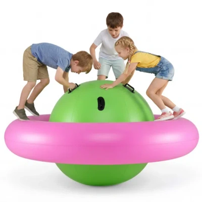 Costway 7.5 Foot Giant Inflatable Dome Rocker Bouncer With 6 Built-in Handles For Kids-pink In Multi