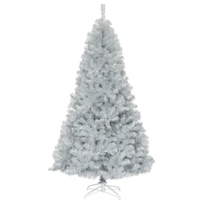 Costway 7.5 Ft Hinged Unlit Artificial Silver Tinsel Christmas Tree In Blue