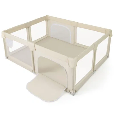 Costway 75 X 59 Inch Large Baby Playpen With Breathable Mesh And Zipper Doors-beige In White