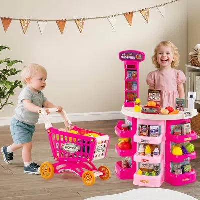 Costway 76 Pcs Pretend Play Grocery Store Set With Shopping Cart Scale Scanner Light Sound Multicolor In Pink,light Pink