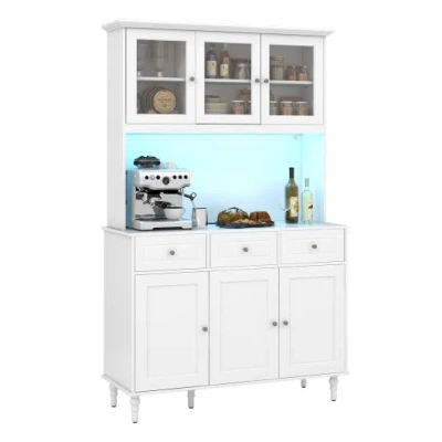 Costway 77 Inches Kitchen Pantry Storage Cabinet With Led Lights And Power Outlets-white In Multi