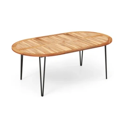 Costway 79 Inch Oval Patio Dining Table With Umbrella Hole And Acacia Wood Tabletop For 8 People In Animal Print