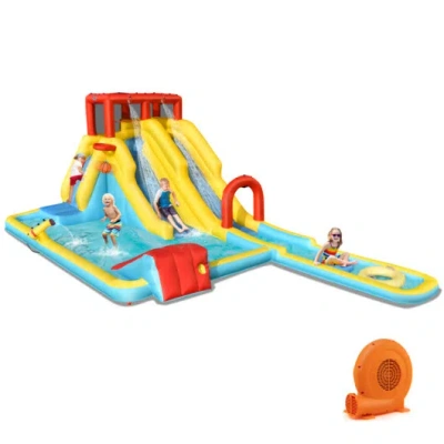 Costway 7-in-1 Inflatable Dual Slide Water Park Bounce House With 680w Blower In Blue