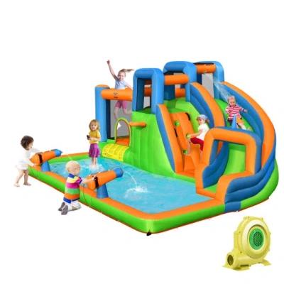 Costway 7-in-1 Inflatable Giant Water Park Bouncer With Dual Climbing Walls And 735w Blower In Multi