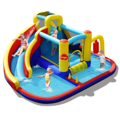 Costway 7-in-1 Inflatable Water Slide Bounce Castle With Splash Pool And Climbing Wall Without Blower In Blue