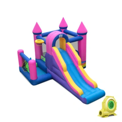 Costway 7-in-1 Kids Inflatable Bounce House With Long Slide And 735w Blower In Multi