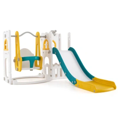 Costway 7-in-1 Toddler Swing And Slide Set L-shaped With Ladder And Basketball Hoop-yellow In Gray