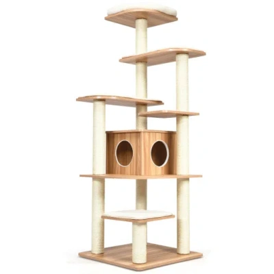 Costway 7-layer Wooden Cat Tree Tall Cat Tower With Sisal Posts And Condo-natural In Neutral