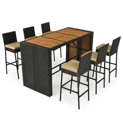 Costway 7-piece Outdoor Pe Wicker Bar Set With Bar Height Table And 6 Cushioned Stools For Yard-brown In Black