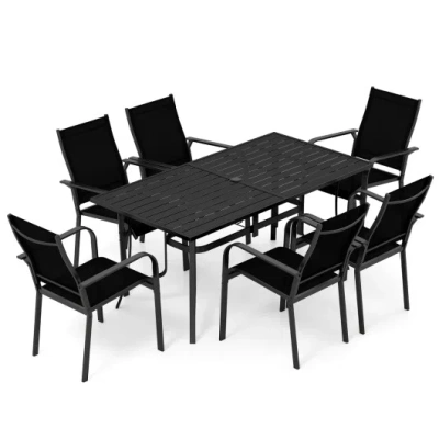Costway 7-piece Patio Dining Set For 6 With Rectangle Metal Table And Stackable Breathable Mesh Armchairs-bl In Black