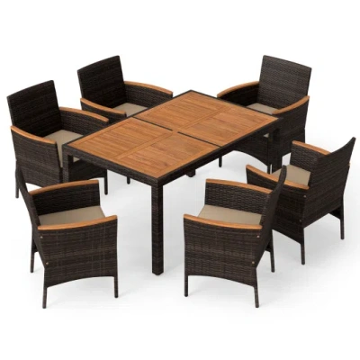 Costway 7-piece Patio Dining Set With Wood Tabletop And Padded Cushion For Backyard-brown