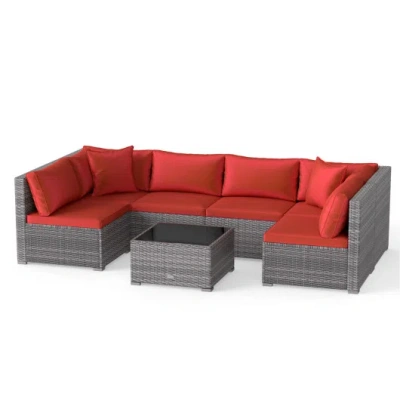 Costway 7-piece Pe Rattan Patio Set With Glass Table & Soft Cushions For Outdoor-red In Gray