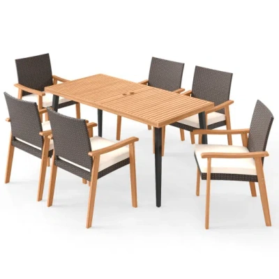 Costway 7-pieces Patio Dining Table Set Acacia Wood Table And 6 Armchairs In Brown