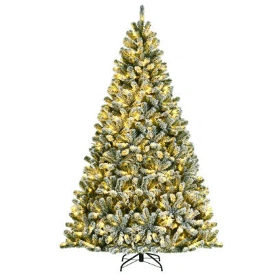 Costway 8 Feet Pre-lit Snow Flocked Christmas Tree With Tips And Metal Stand-8 Ft In Multi