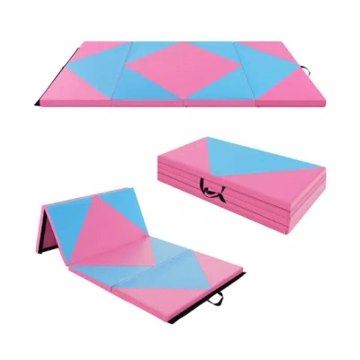 Costway 8 Feet Pu Leather Folding Gymnastics Mat With Hook And Loop Fasteners-pink & Blue