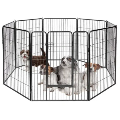 Costway 8 Metal Panel Heavy Duty Pet Playpen Dog Fence With Door-48 Inches In Black
