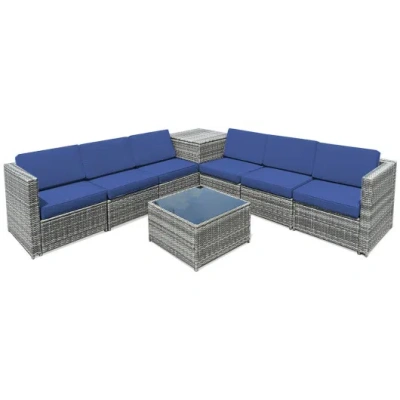 Costway 8 Piece Wicker Sofa Rattan Dinning Set Patio Furniture With Storage Table-navy In Multi