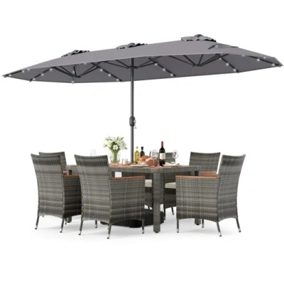 Costway 8 Pieces Outdoor Wicker Dining Furniture And 13.5 Ft Double-sided Patio Umbrella-gray
