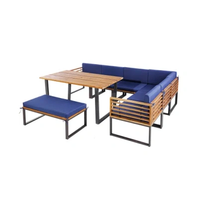 Costway 8 Pieces Patio Acacia Wood Dining Table Set With Ottoman Cushions-navy In Multi