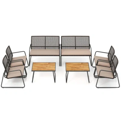 Costway 8 Pieces Patio Furniture Set With Acacia Wood Coffee Table And Zippered Cushions-yellow In Gray