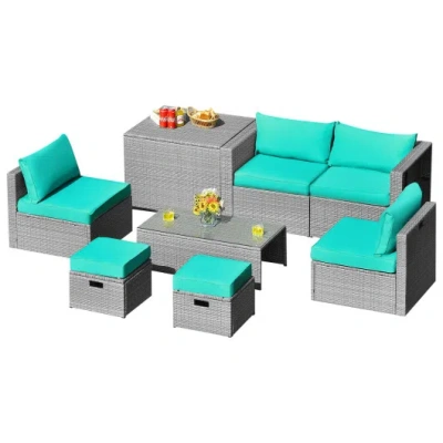 Costway 8 Pieces Patio Rattan Furniture Set With Storage Waterproof Cover And Cushion-turquoise In Multi