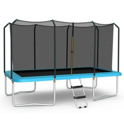 Costway 8 X 14 Feet Rectangular Recreational Trampoline With Safety Enclosure Net And Ladder-blue In Gray