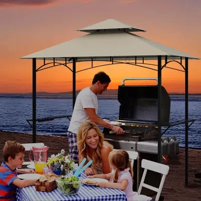 Costway 8' X 5' Grill Gazebo With 2 Shelves 7 Hooks Metal Frame Soft Top In Beige