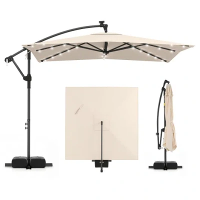 Costway 8 X 8 Square Ft Solar Led Offset Cantilever Patio Umbrella With 360° Rotation-beige In Yellow